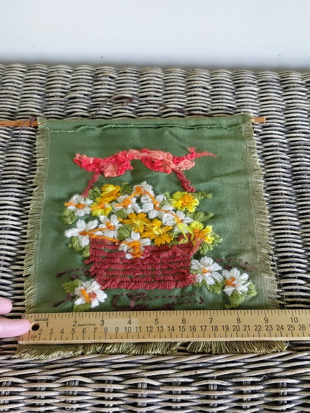 Vintage Handcrafted Olive/Khaki  Floral Wall Hanging